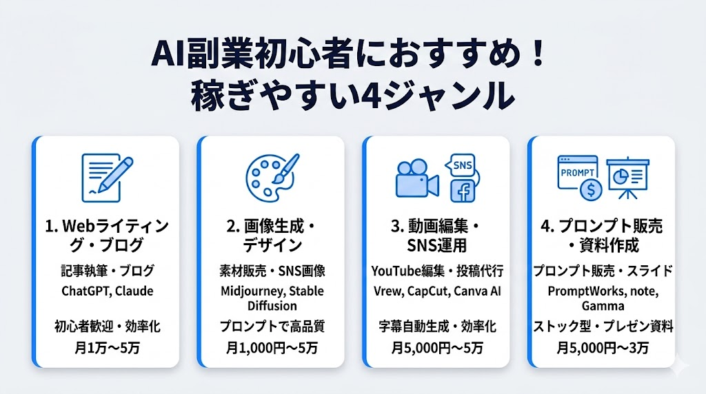 AI副業で初心者が稼ぎやすいおすすめジャンル