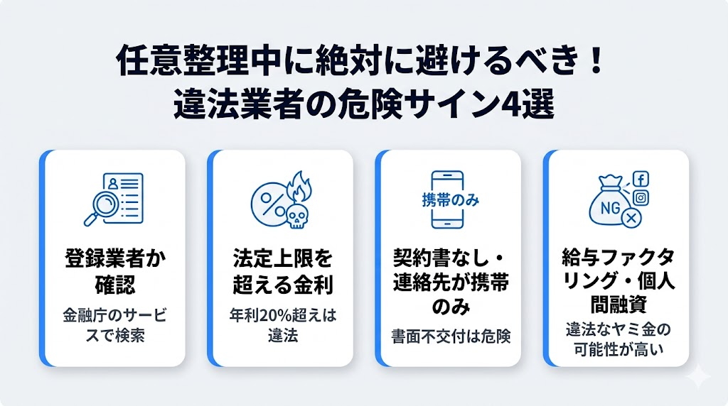 任意整理中に絶対に避けるべき違法業者を見分ける4ステップ