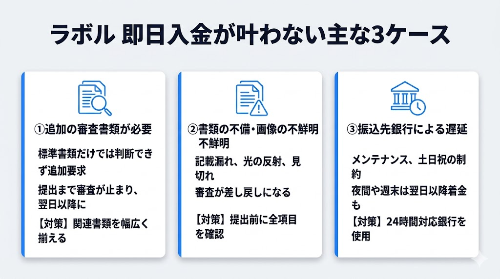 ラボルの営業時間内でも即日入金にならない主なケース