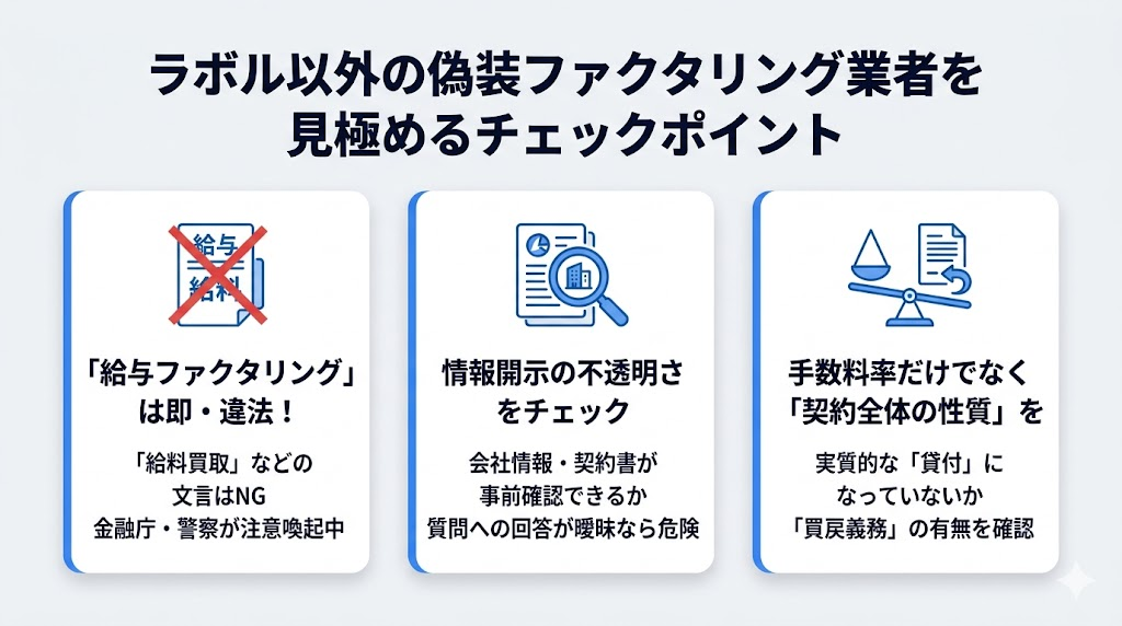 ラボル以外の偽装ファクタリング業者を見極めるチェックポイント
