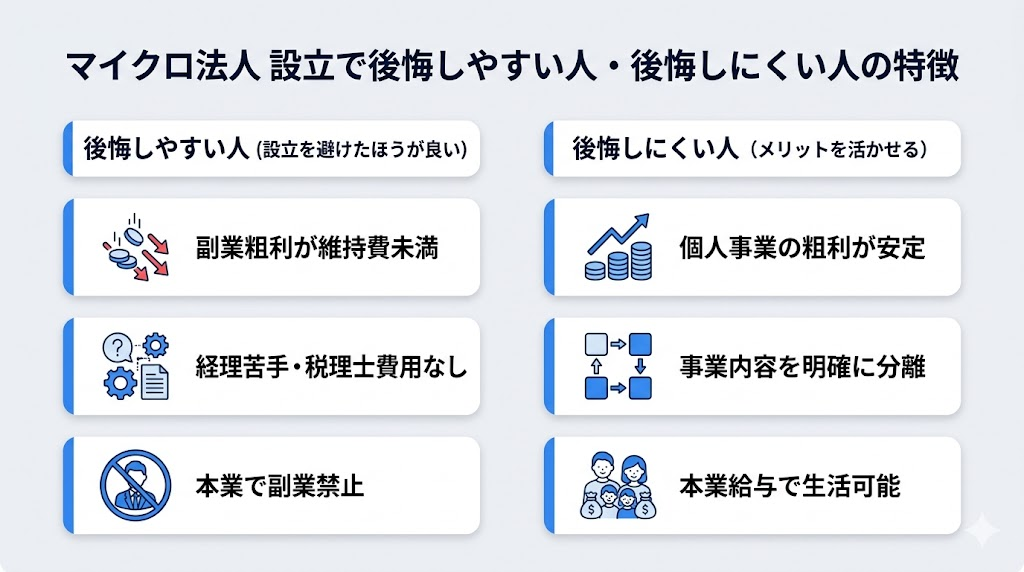マイクロ法人で後悔しやすい人・後悔しにくい人の特徴