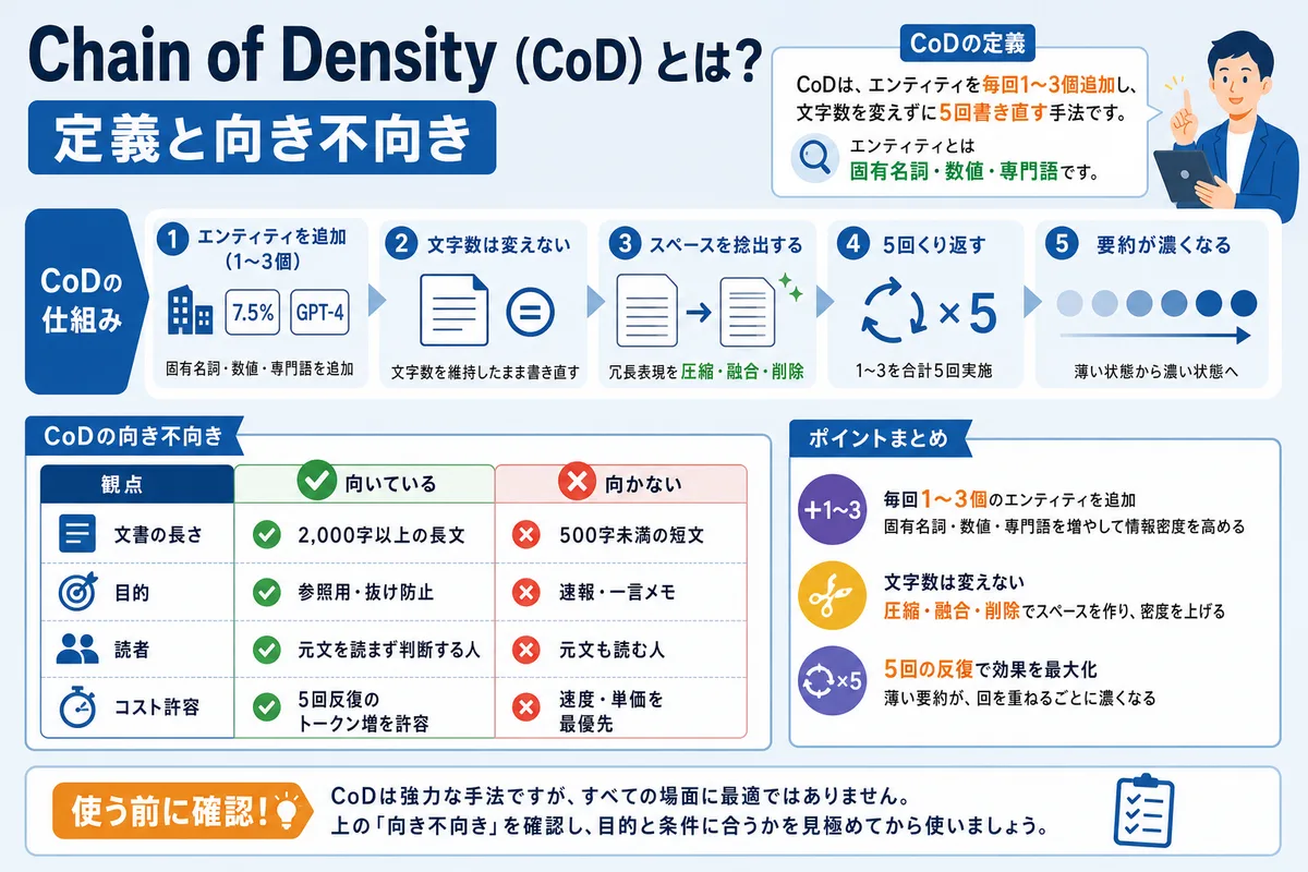 Chain of Density（CoD）とは？定義と向き不向き