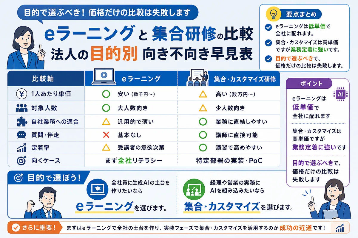 eラーニングと集合研修の比較|法人の目的別 向き不向き早見表