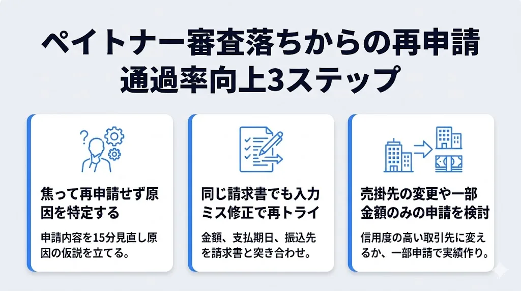 ペイトナー審査落ち後に再申請で通過率を上げるための動き方