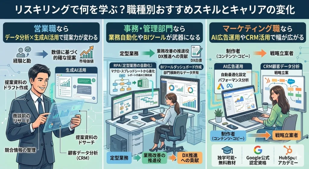 リスキリングで何を学ぶ?職種別おすすめスキルとキャリアの変化