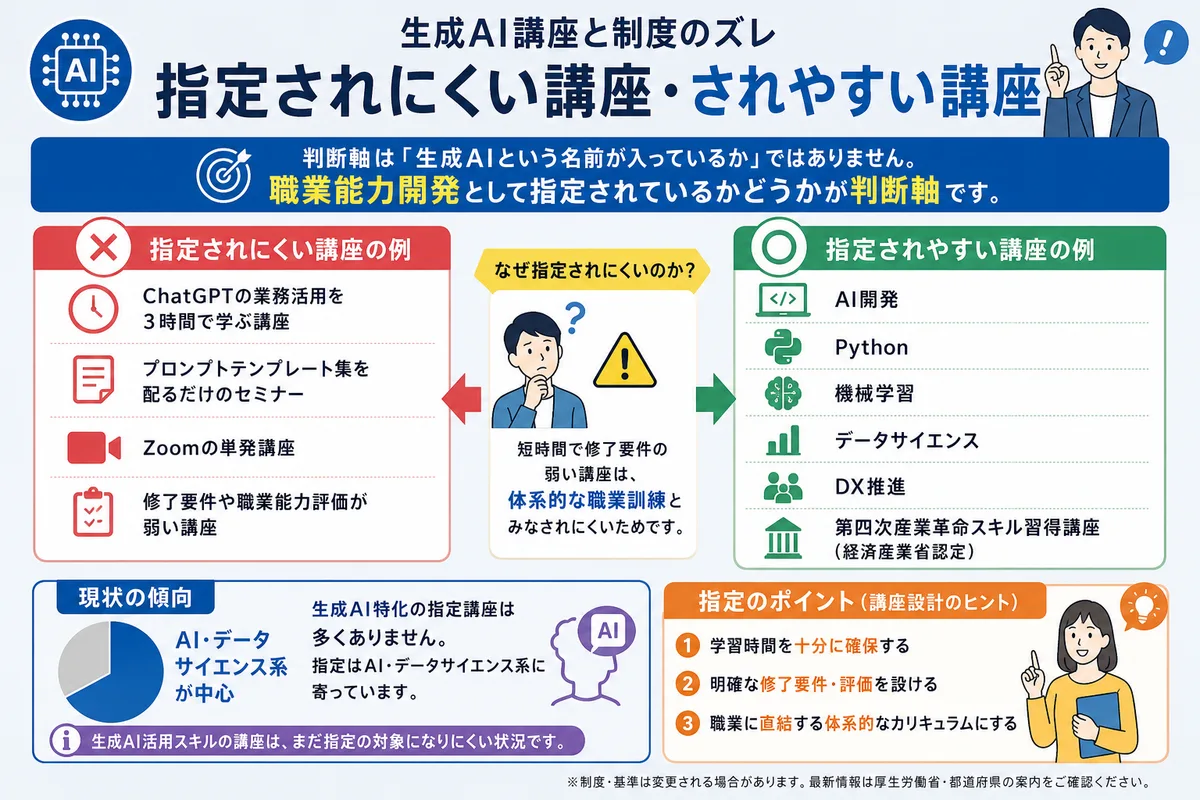生成AI講座と制度のズレ|指定されにくい講座・されやすい講座