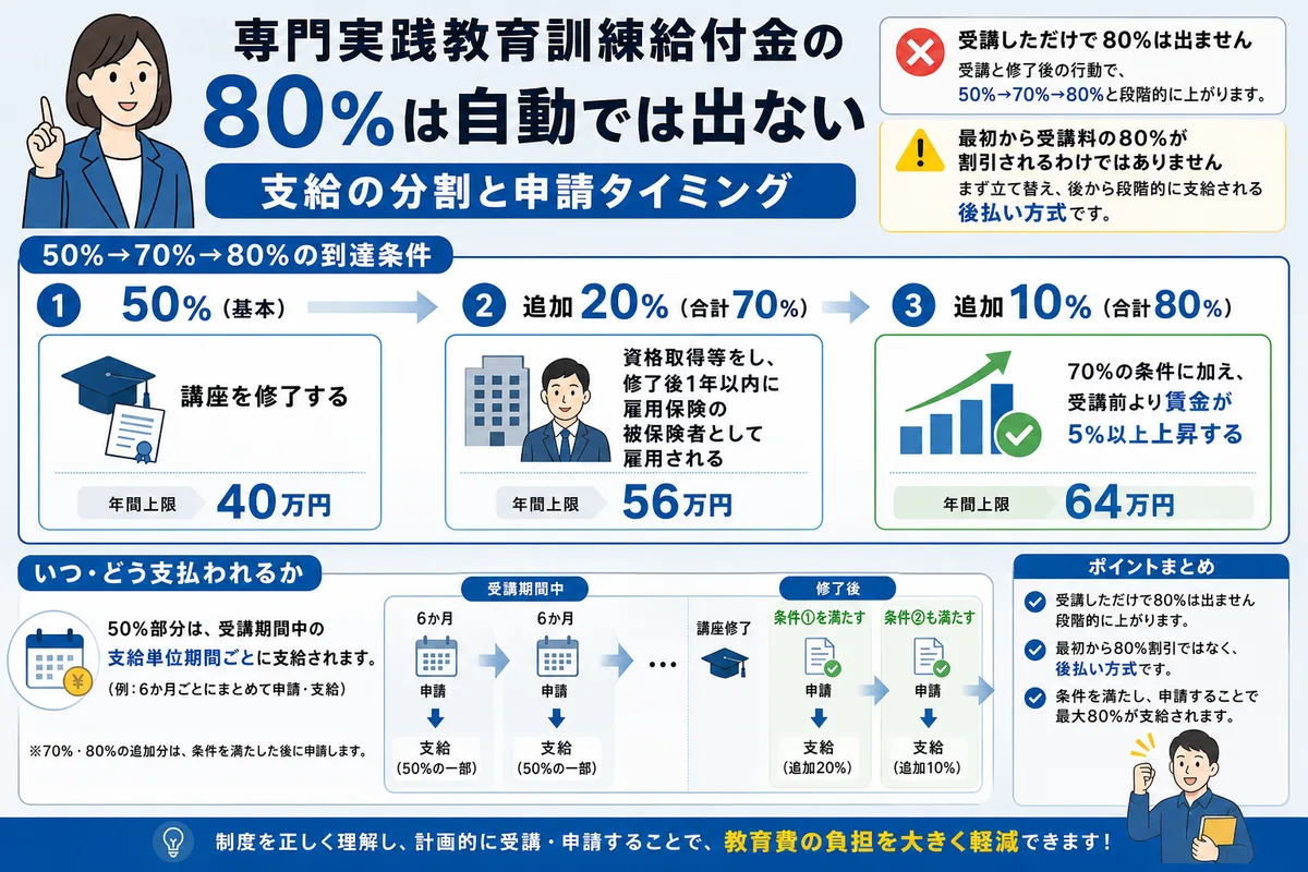 専門実践教育訓練給付金の80%は自動では出ない|支給の分割と申請タイミング