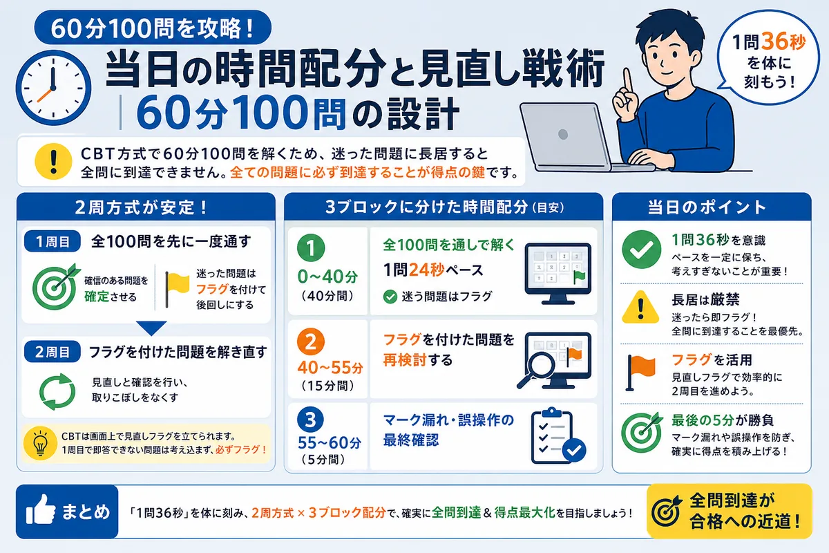 当日の時間配分と見直し戦術|60分100問の設計