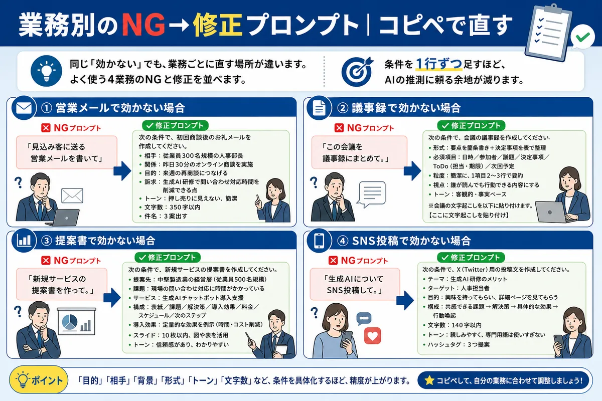 業務別のNG→修正プロンプト｜コピペで直す