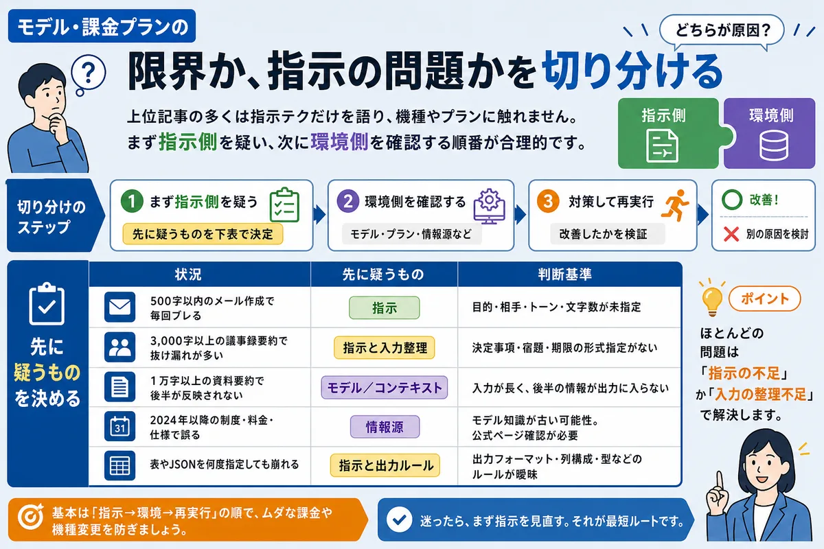 モデル・課金プランの限界か、指示の問題かを切り分ける