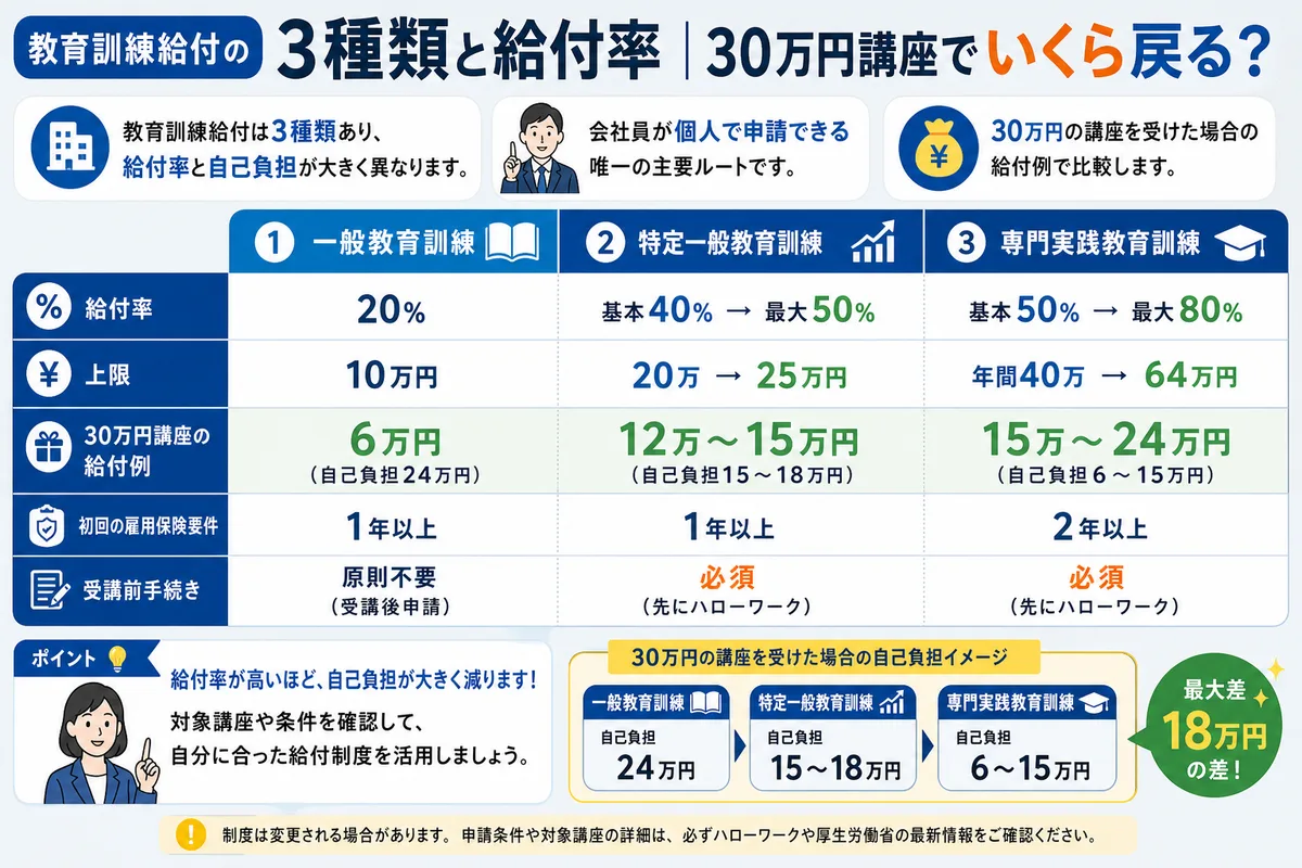 教育訓練給付の3種類と給付率|30万円講座でいくら戻る?