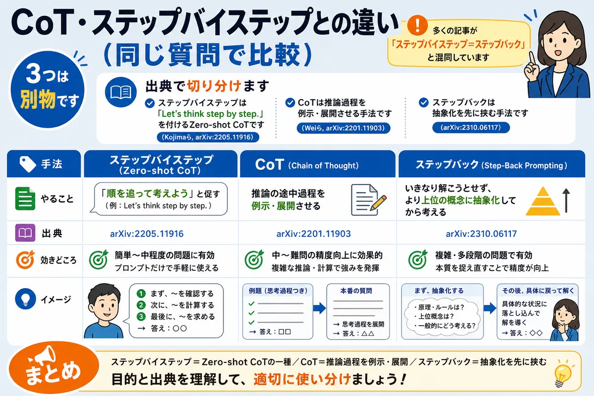 CoT・ステップバイステップとの違い(同じ質問で比較)