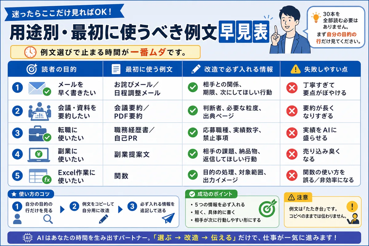 用途別・最初に使うべき例文早見表