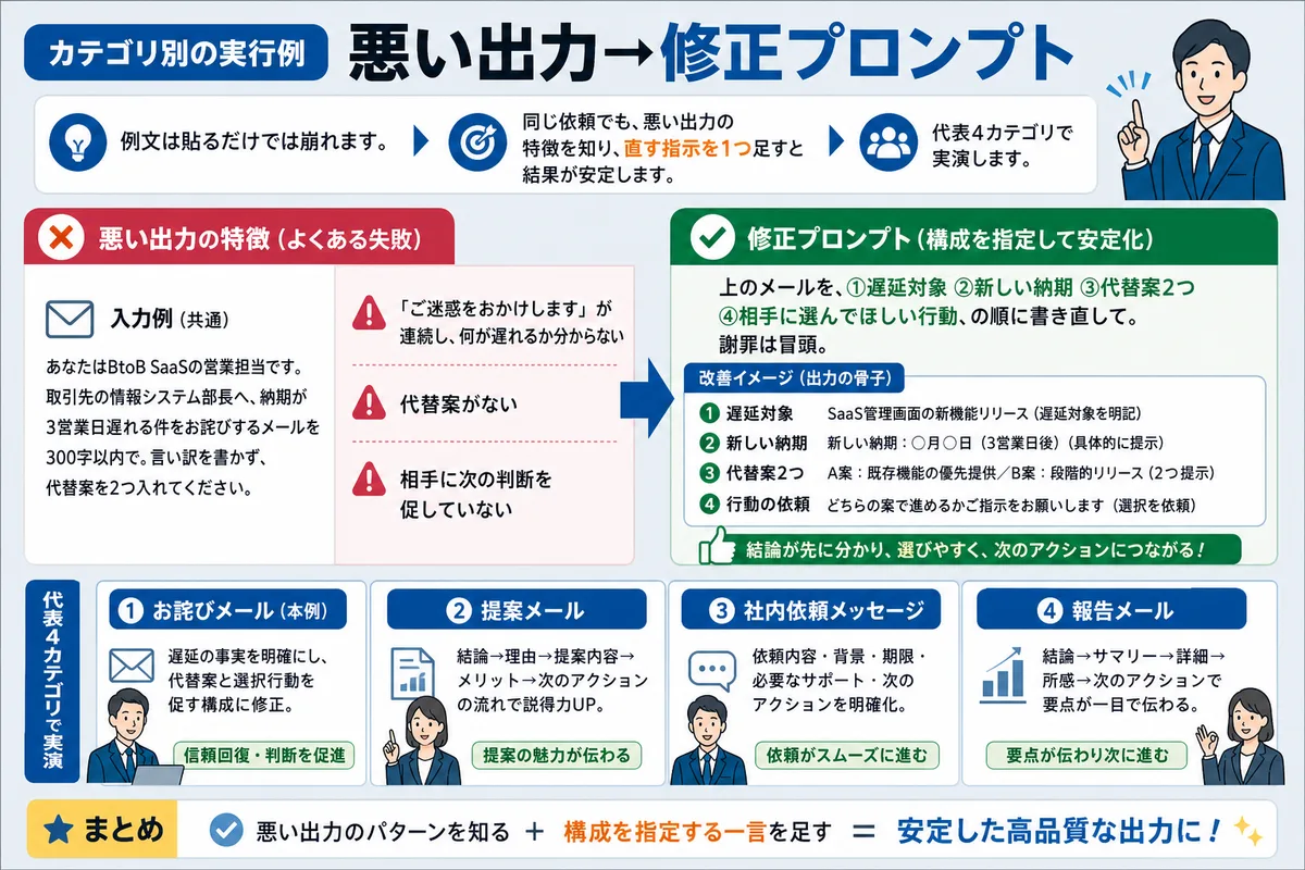 カテゴリ別の実行例(悪い出力→修正プロンプト)