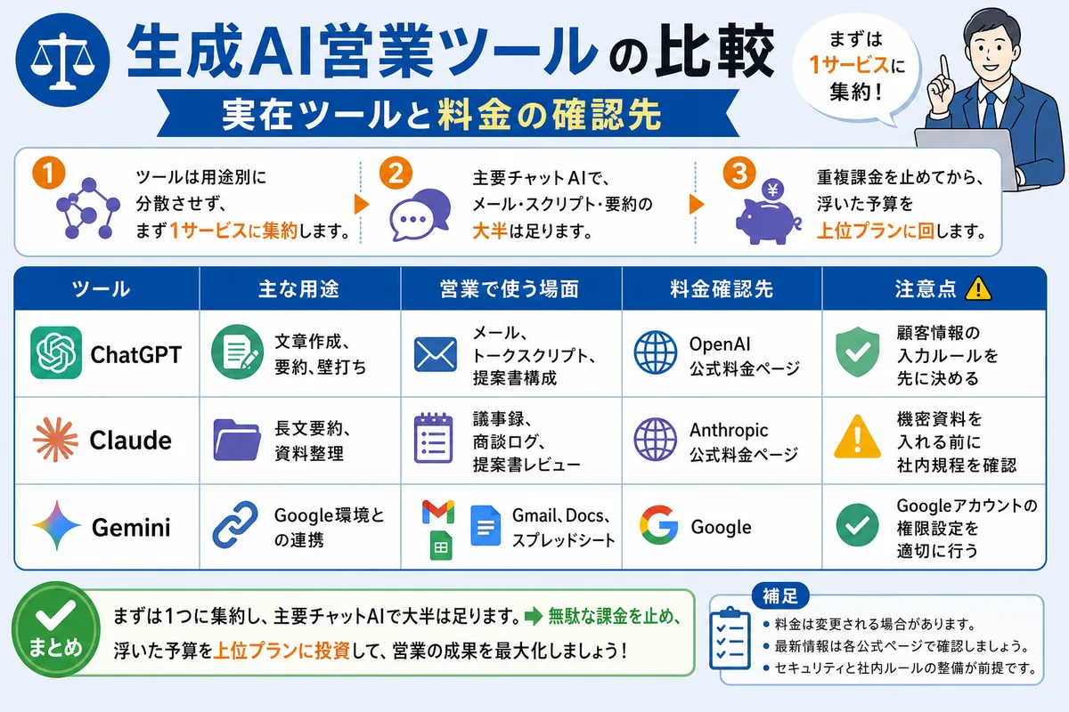 生成AI営業ツールの比較|実在ツールと料金の確認先