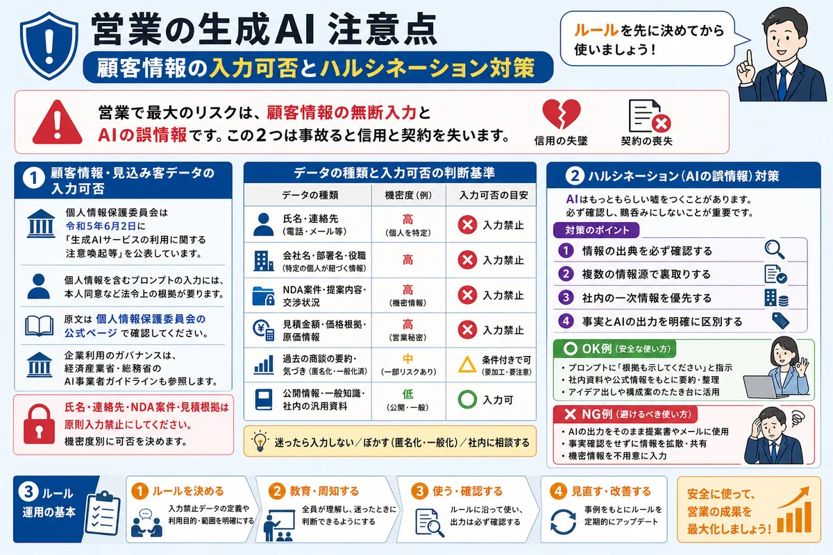 営業の生成AI 注意点|顧客情報の入力可否とハルシネーション対策