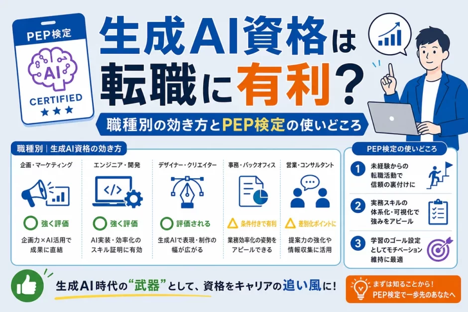 生成AI資格は転職に有利？職種別の効き方とPEP検定の使いどころ