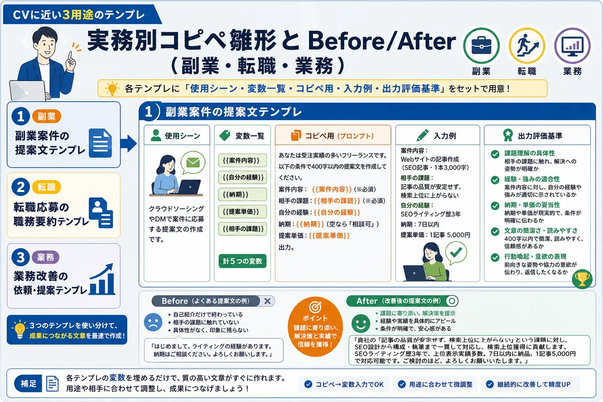 実務別コピペ雛形とBefore/After(副業・転職・業務)