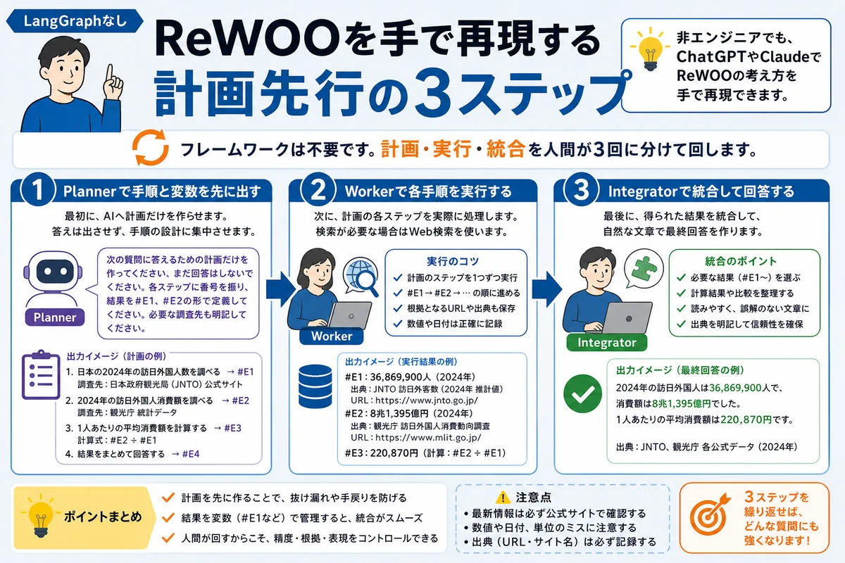 ReWOOを手で再現する計画先行の3ステップ(LangGraphなし)