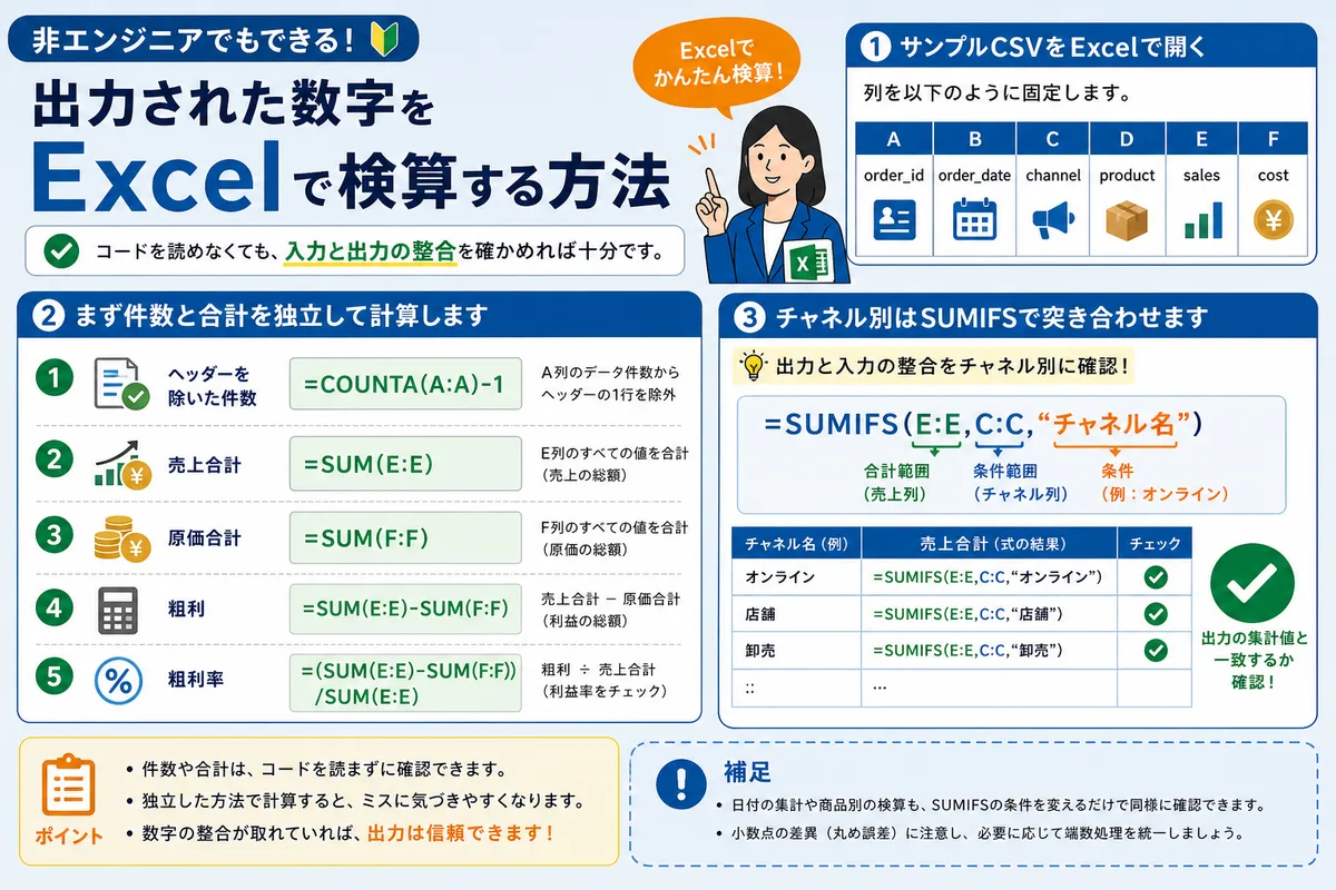 出力された数字をExcelで検算する方法