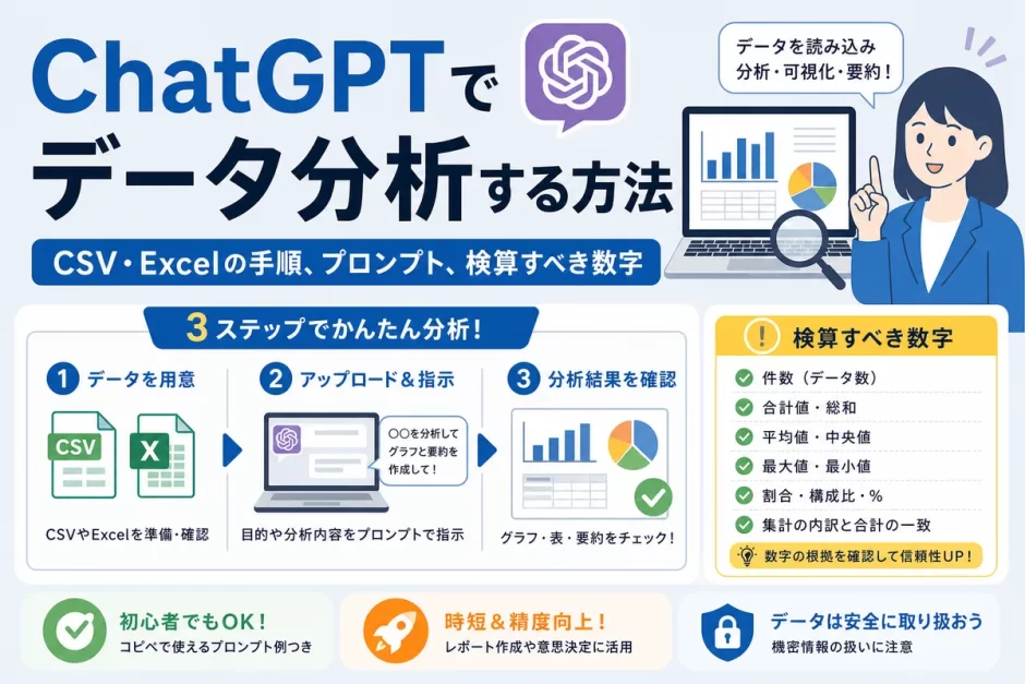 ChatGPTでデータ分析する方法｜CSV・Excelの手順、プロンプト、検算すべき数字