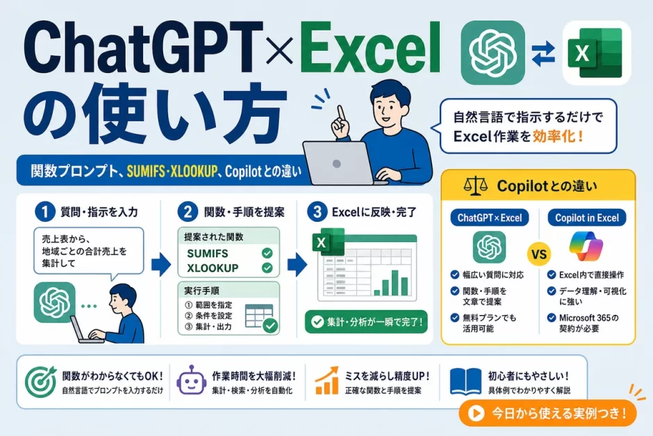 ChatGPT×Excelの使い方｜関数プロンプト、SUMIFS・XLOOKUP、Copilotとの違い