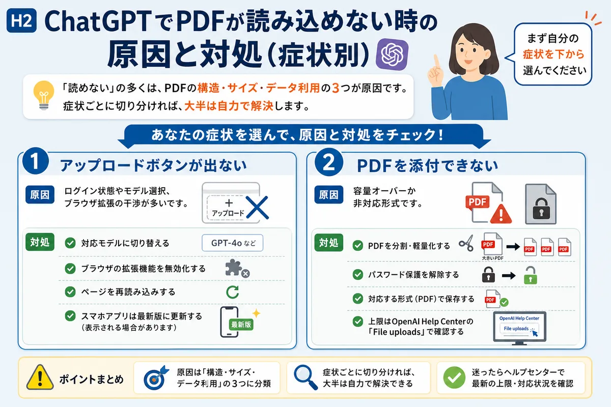 ChatGPTでPDFが読み込めない時の原因と対処(症状別)