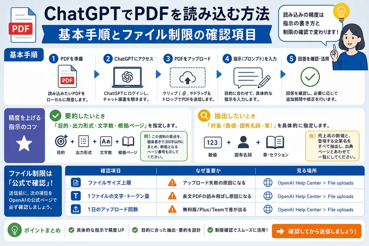 ChatGPTでPDFを読み込む方法|基本手順とファイル制限の確認項目