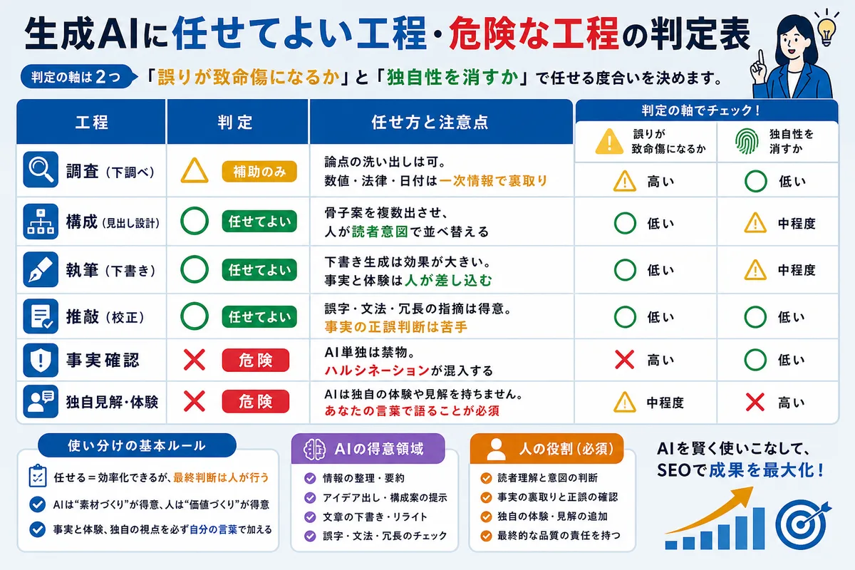 生成AIに任せてよい工程・危険な工程の判定表