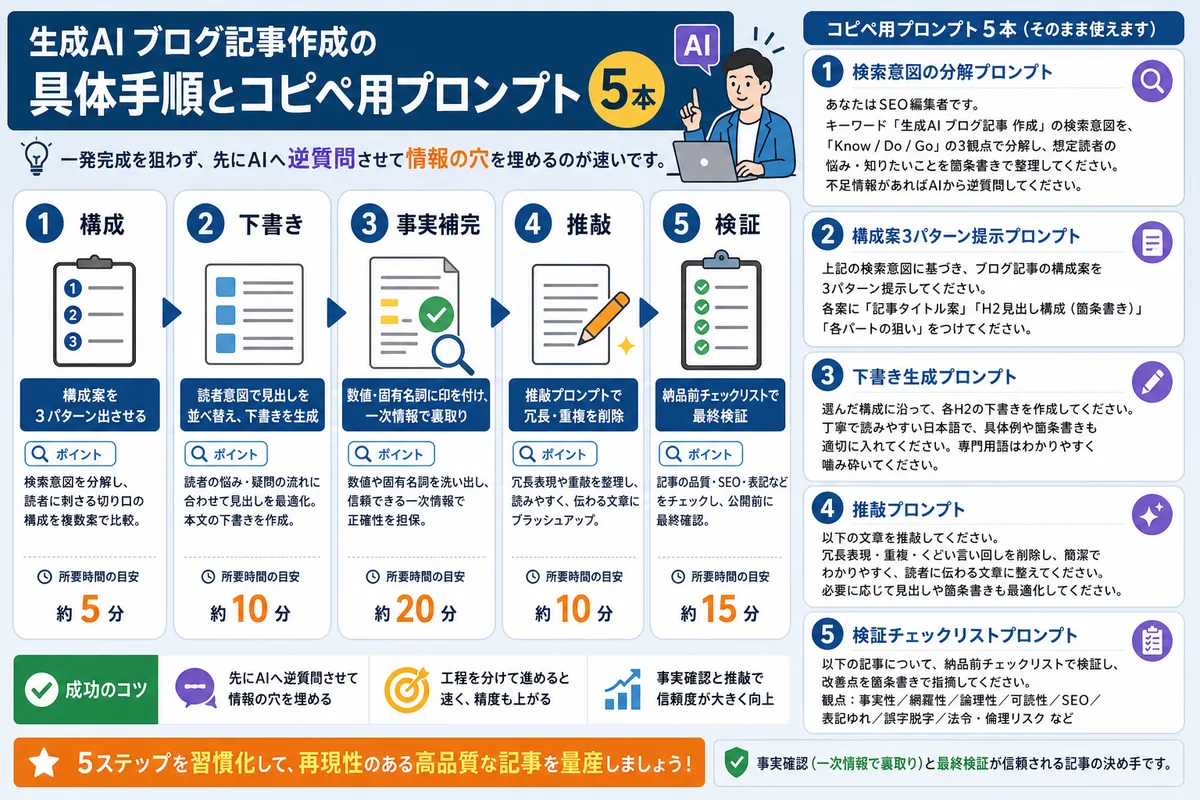 生成AI ブログ記事作成の具体手順とコピペ用プロンプト5本