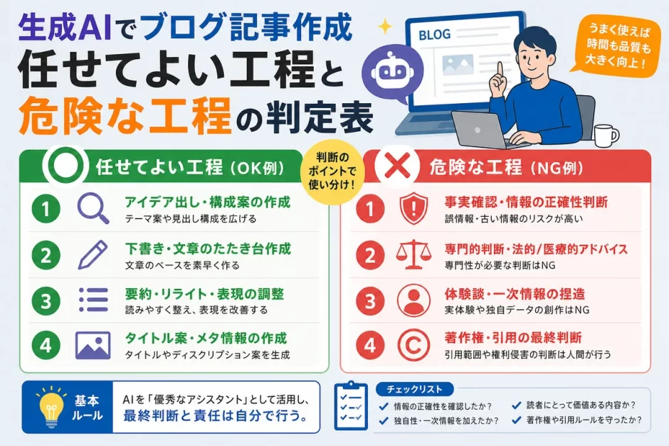 生成AIでブログ記事作成｜任せてよい工程と危険な工程の判定表