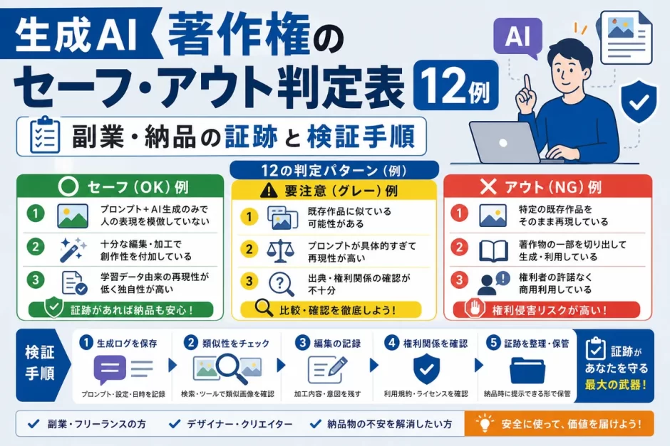 生成AI著作権のセーフ・アウト判定表12例｜副業・納品の証跡と検証手順