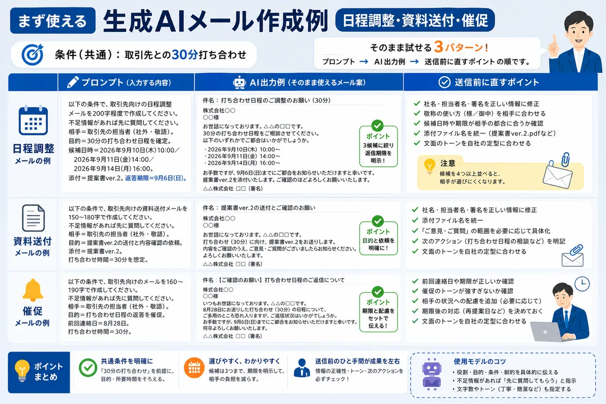 まず使える生成AIメール作成例｜日程調整・資料送付・催促