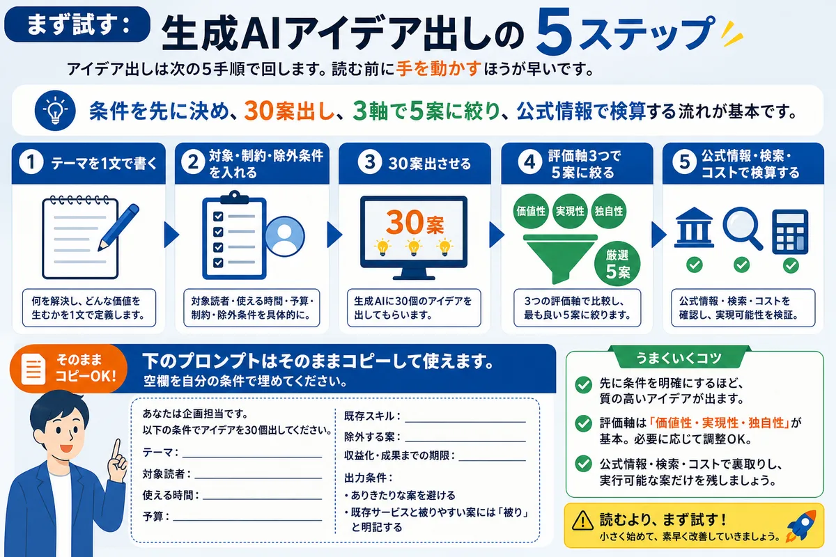まず試す:生成AIアイデア出しの5ステップ