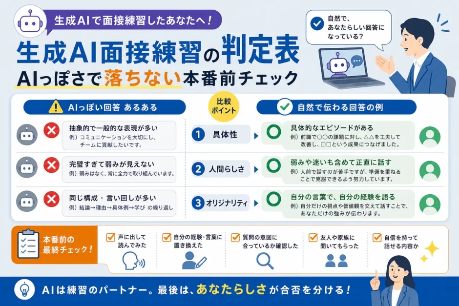 生成AI面接練習の判定表｜AIっぽさで落ちない本番前チェック