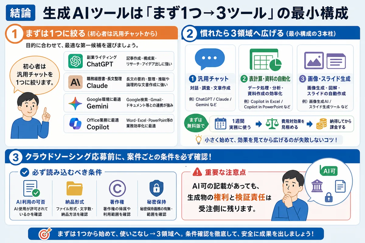 結論：生成AIツールは「まず1つ→3ツール」の最小構成
