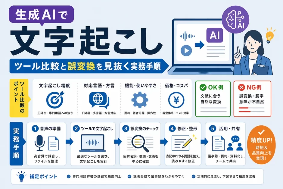 生成AIで文字起こし｜ツール比較と誤変換を見抜く実務手順