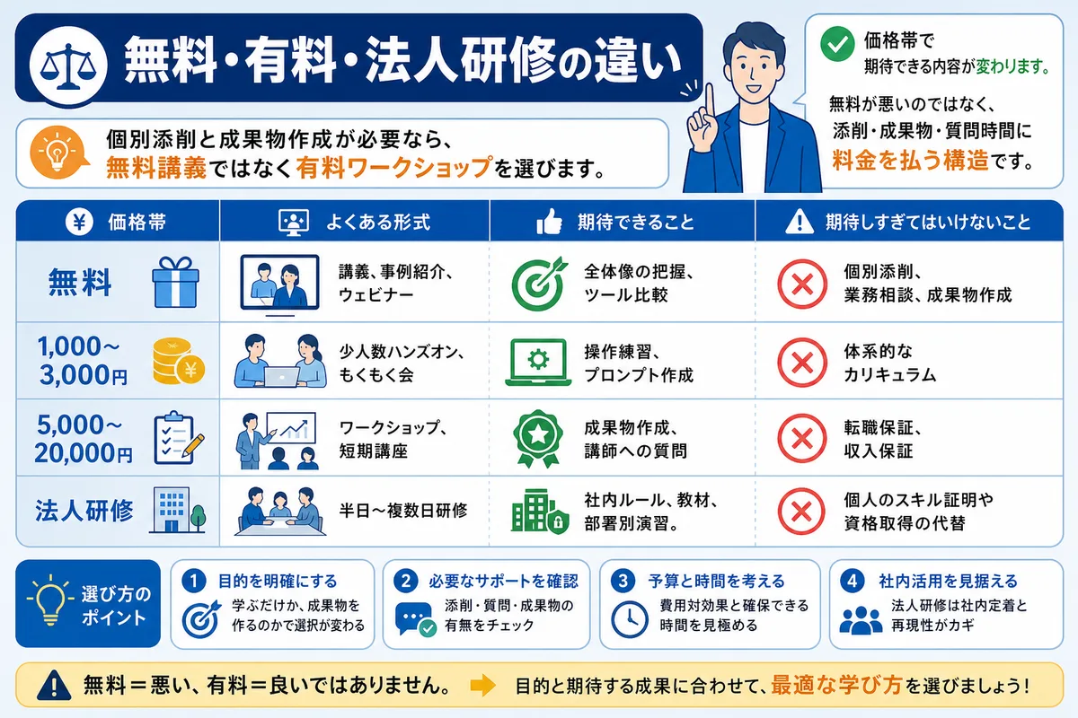 無料・有料・法人研修の違い