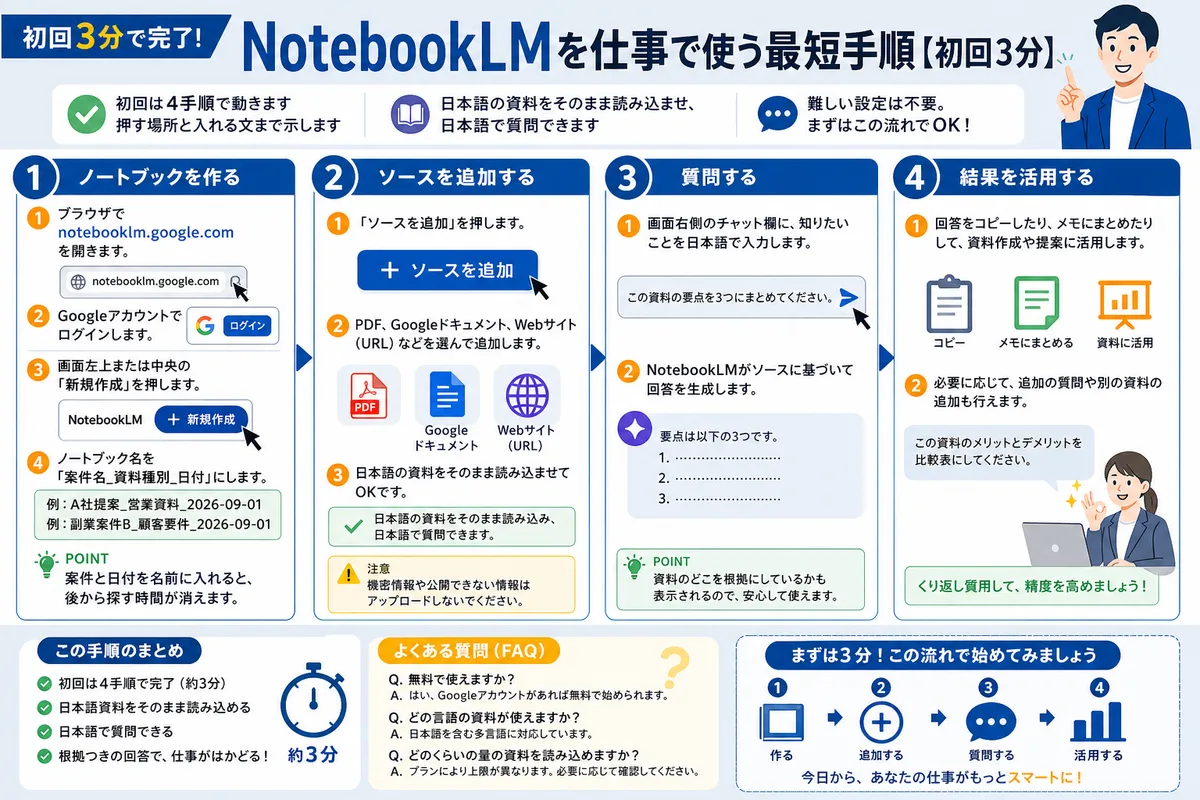 NotebookLMを仕事で使う最短手順【初回3分】
