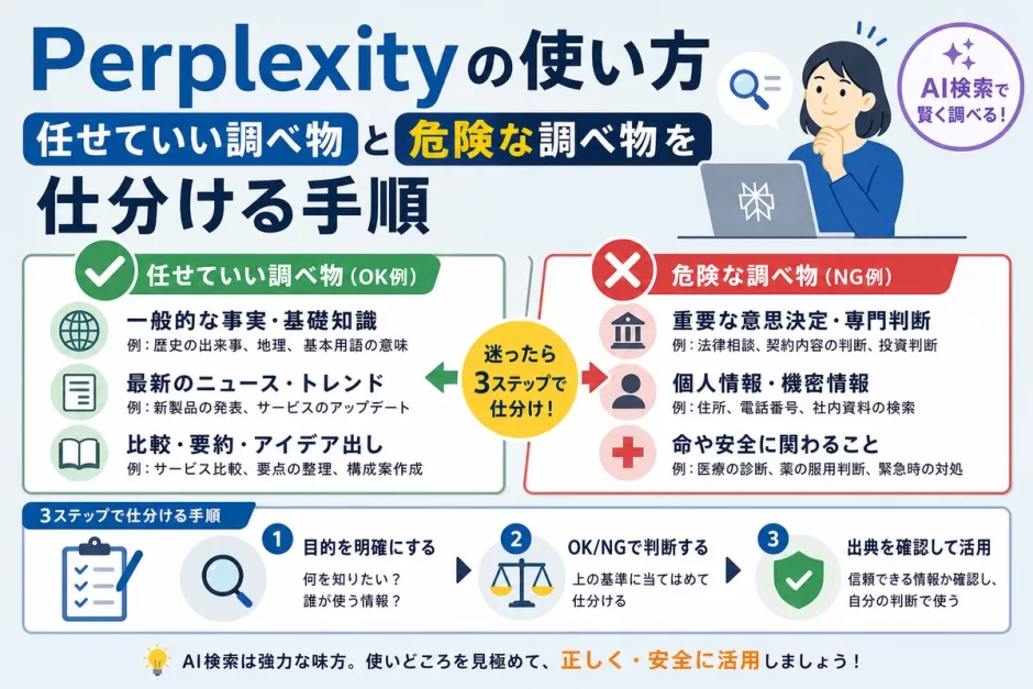 Perplexityの使い方｜任せていい調べ物と危険な調べ物を仕分ける手順