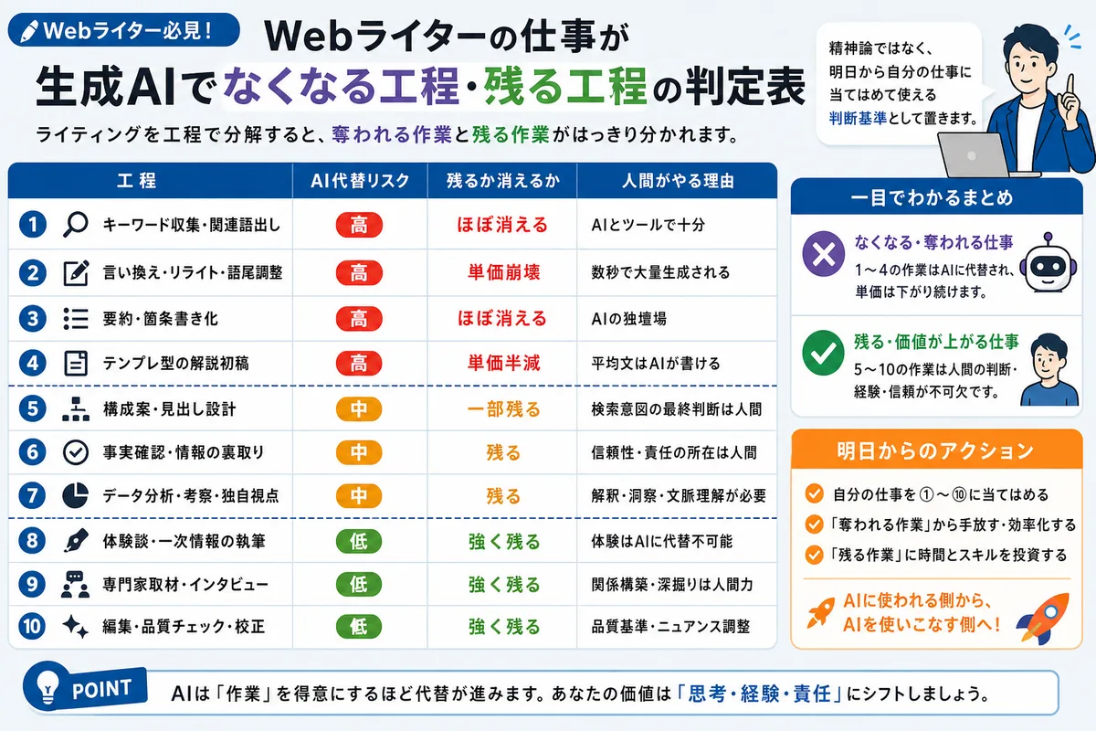 webライターの仕事が生成AIでなくなる工程・残る工程の判定表