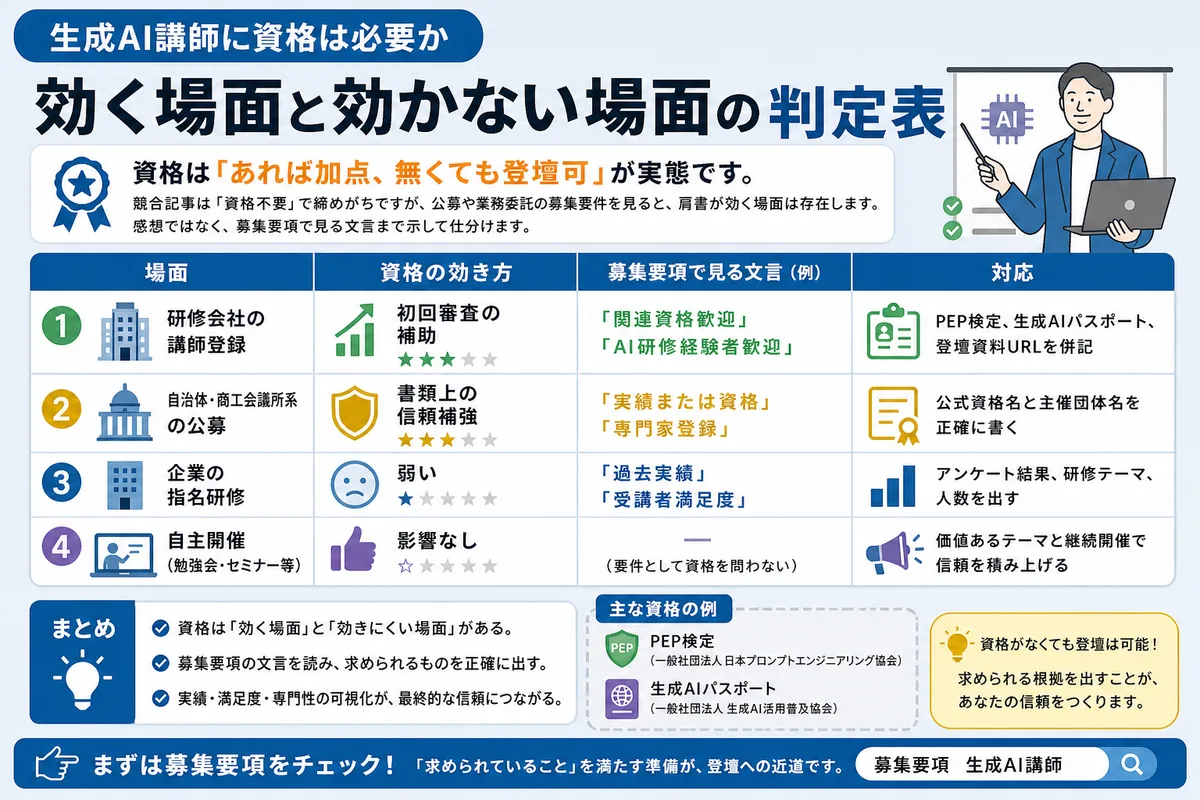 生成AI講師に資格は必要か|効く場面と効かない場面の判定表