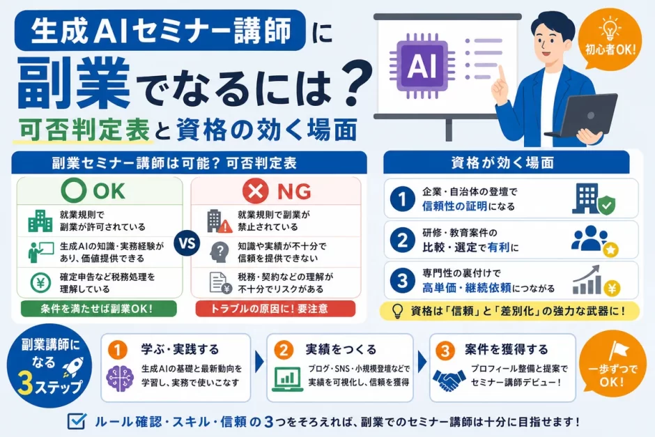 生成AIセミナー講師に副業でなるには｜可否判定表と資格の効く場面