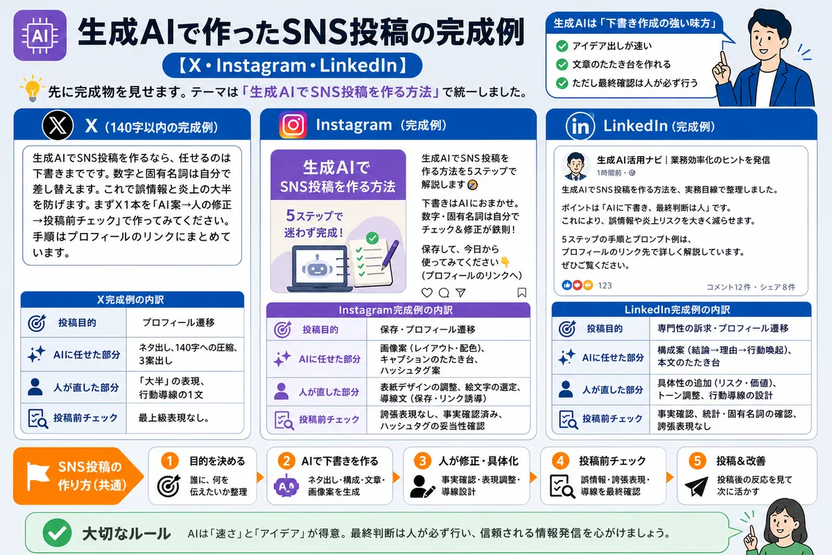 生成AIで作ったSNS投稿の完成例【X・Instagram・LinkedIn】