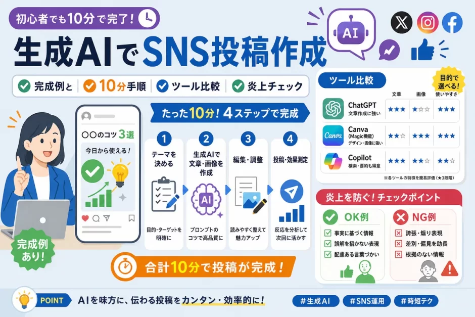 生成AIでSNS投稿作成｜完成例と10分手順・ツール比較・炎上チェック